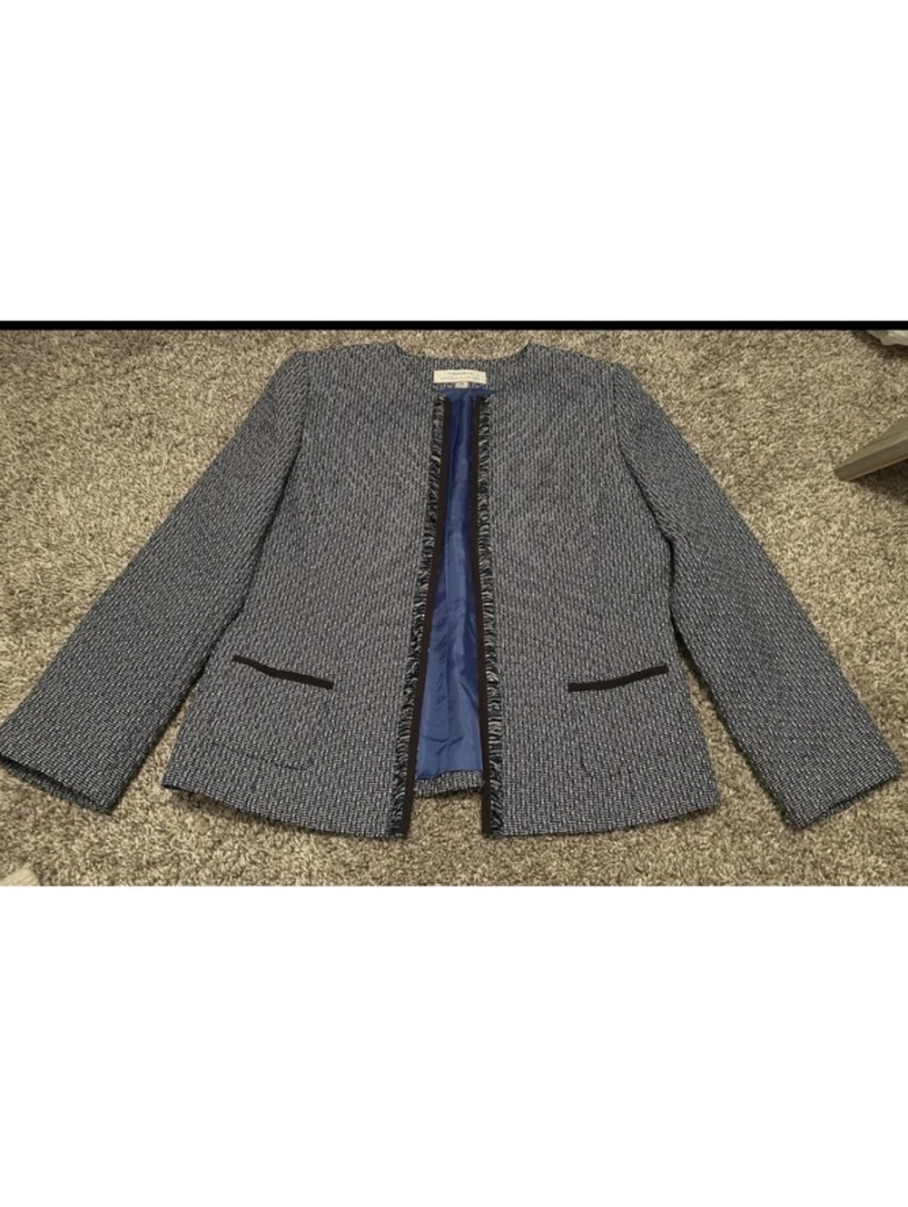 Tahari ASL Levine Blue Multi Color Tweed Sequin Fringe Womens 10 Blazer Jacket